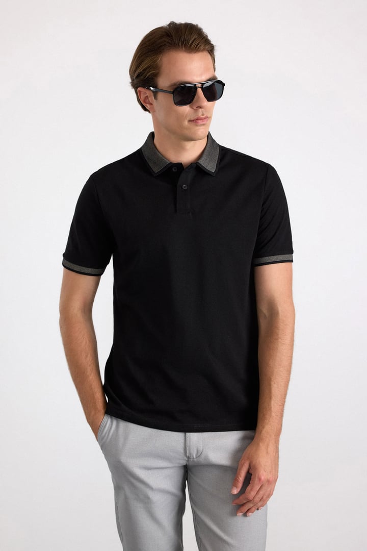 Siyah Regular Düz Baskısız Pike Polo Yaka Standart Tişört