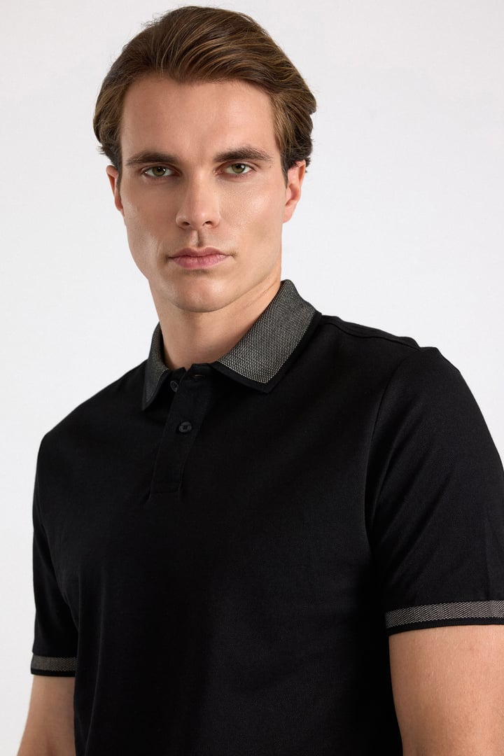 Siyah Regular Düz Baskısız Pike Polo Yaka Standart Tişört