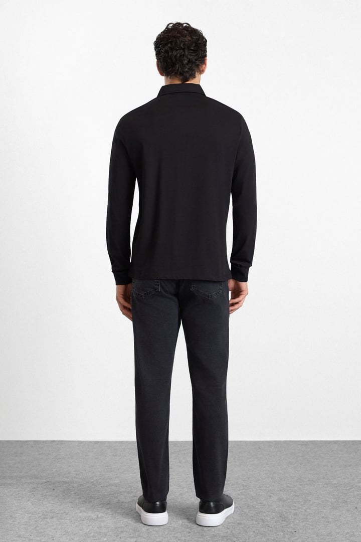 Siyah Regular Düz Baskısız Süprem Düğmeli Polo Yaka Cepsiz Sweatshirt