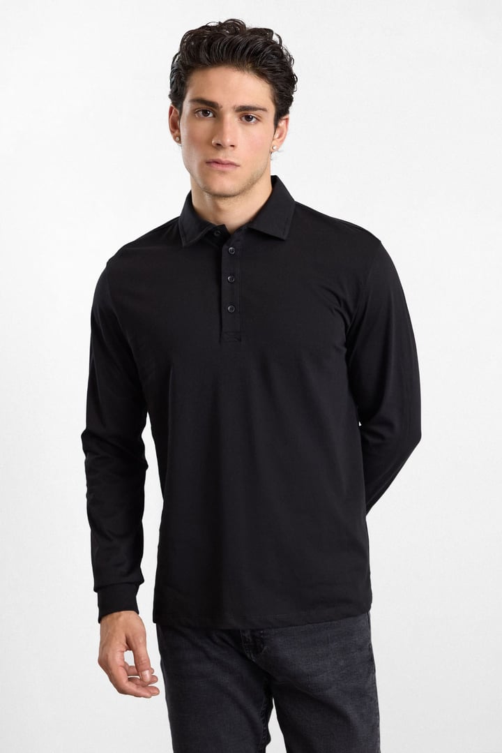Siyah Regular Düz Baskısız Süprem Düğmeli Polo Yaka Cepsiz Sweatshirt