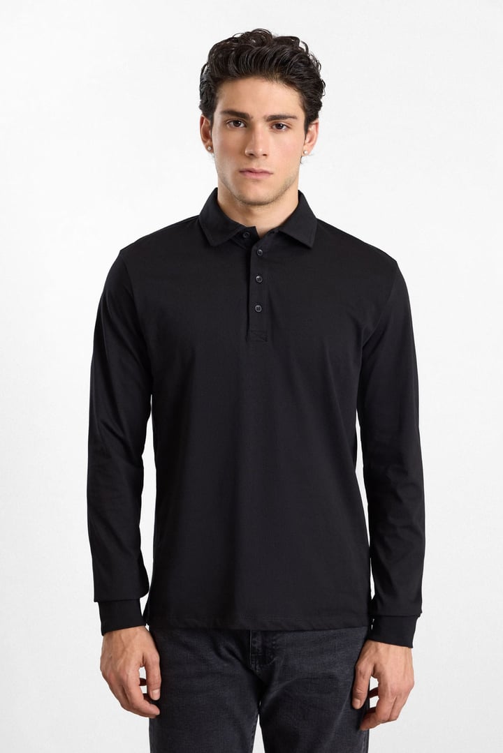 Siyah Regular Düz Baskısız Süprem Düğmeli Polo Yaka Cepsiz Sweatshirt