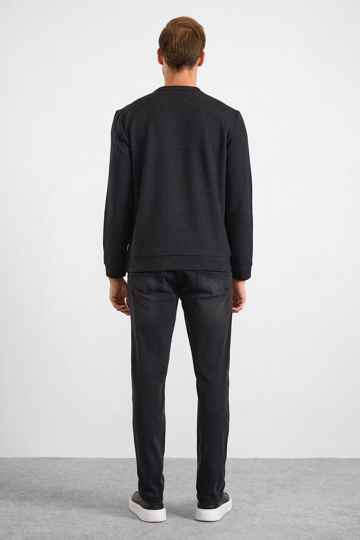 Siyah Regular Düz Bisiklet Yaka Sweatshirt