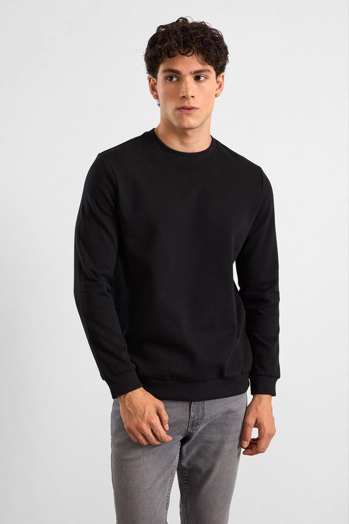 Siyah Regular Düz Bisiklet Yaka Sweatshirt