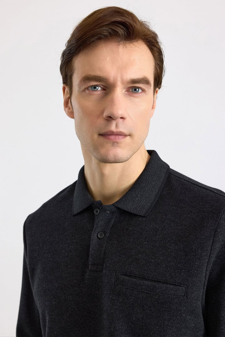 Siyah Regular Düz Fermuarlı Polo Yaka Sweatshirt