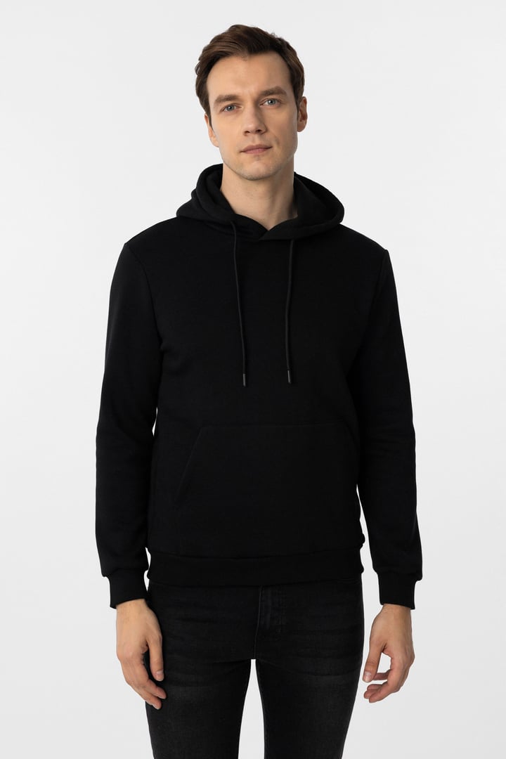 Siyah Regular Düz Kapüşonlu Yaka Sweatshirt