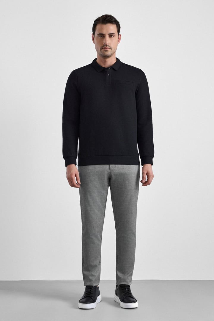 Siyah Regular Düz Polo Yaka Sweatshirt