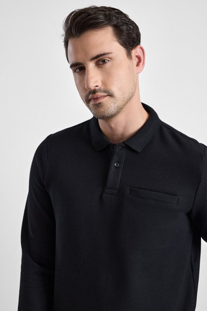 Siyah Regular Düz Polo Yaka Sweatshirt