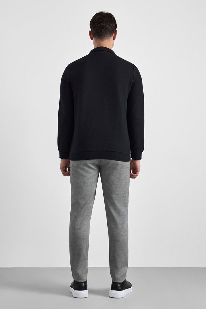Siyah Regular Düz Polo Yaka Sweatshirt