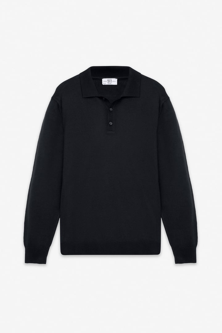 Siyah Regular Düz Polo Yaka Triko