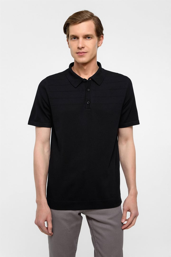 Siyah Regular Düz Polo Yaka Triko Tişört 