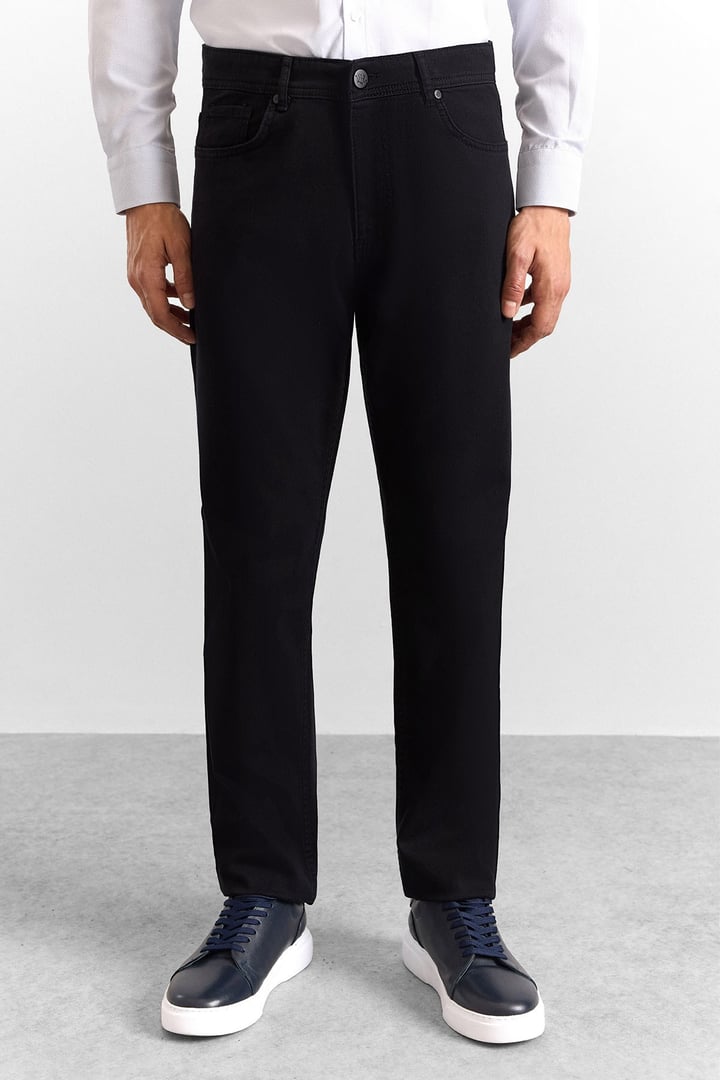 Siyah Regular Düz Twill Normal Bel Casual Pantolon