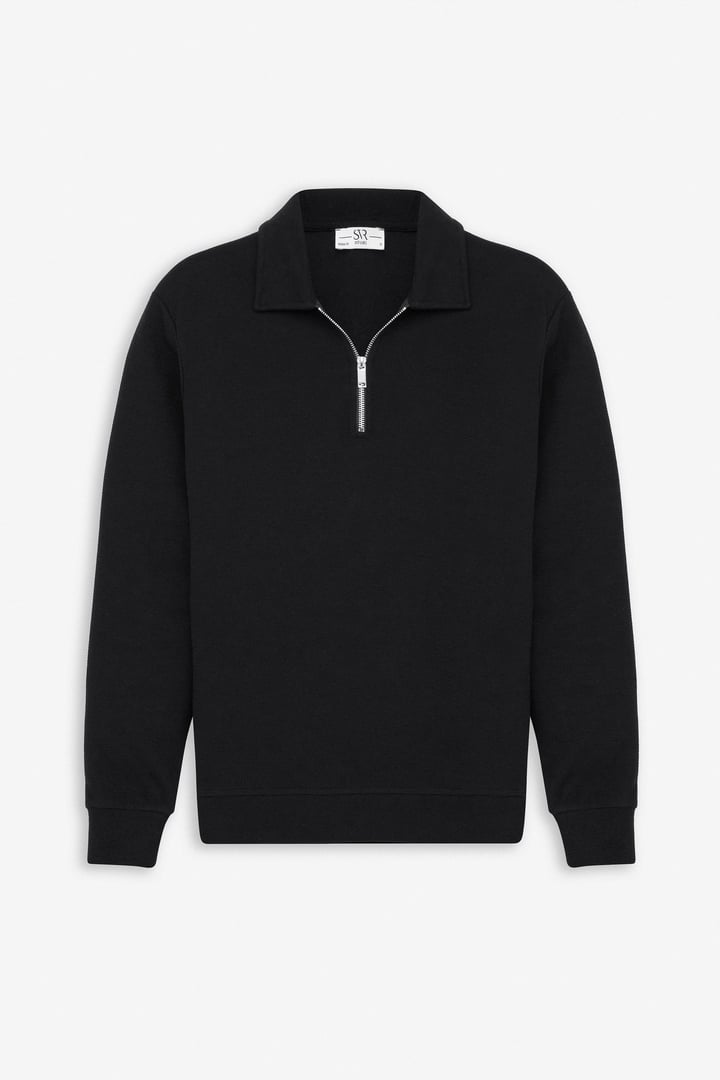 Siyah Regular Düz Yarım Balıkçı Yaka Sweatshirt