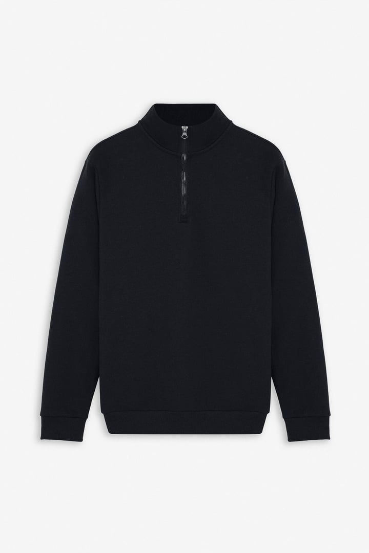 Siyah Regular Düz Yarım Balıkçı Yaka Sweatshirt