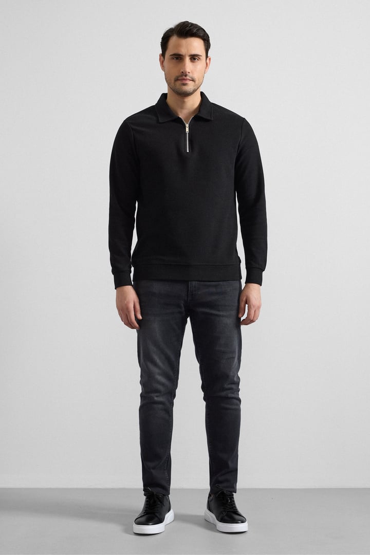 Siyah Regular Düz Yarım Balıkçı Yaka Sweatshirt