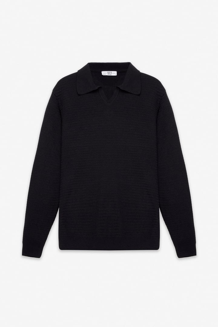 Siyah Regular Polo Yaka Kazak