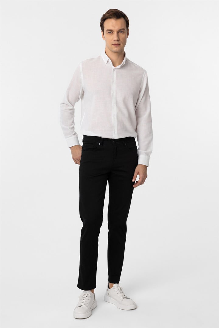 Siyah Slim Fit 5 Cep Kalıp Armürlü Kanvas Pantolon