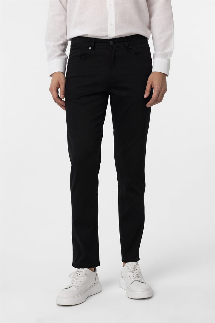 Siyah Slim Fit 5 Cep Kalıp Armürlü Kanvas Pantolon