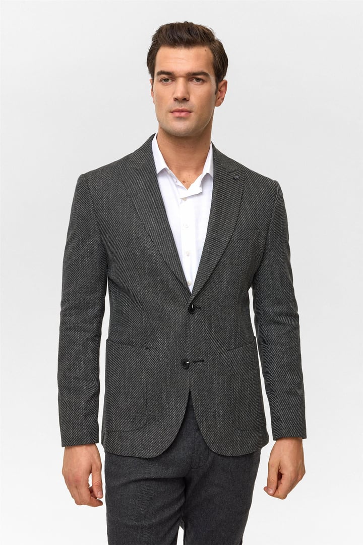 Siyah Slim Desenli Mono Yaka 6 Drop Ceket