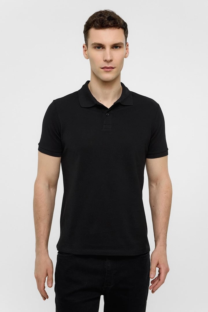 Siyah Slim Düz Polo Yaka Tişört