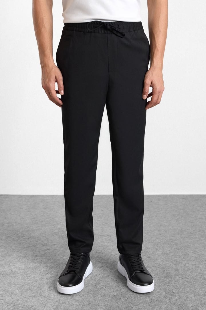 Siyah Slim Düz Twill Lastikli Jogger Pantolon