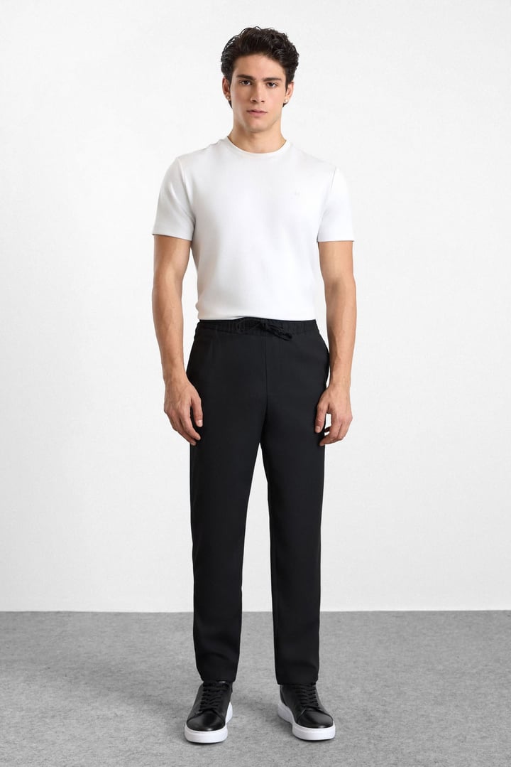 Siyah Slim Düz Twill Lastikli Jogger Pantolon