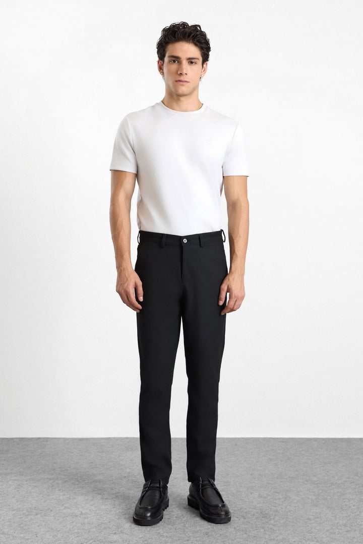 Siyah Slim Düz Twill Normal Bel Casual Pantolon