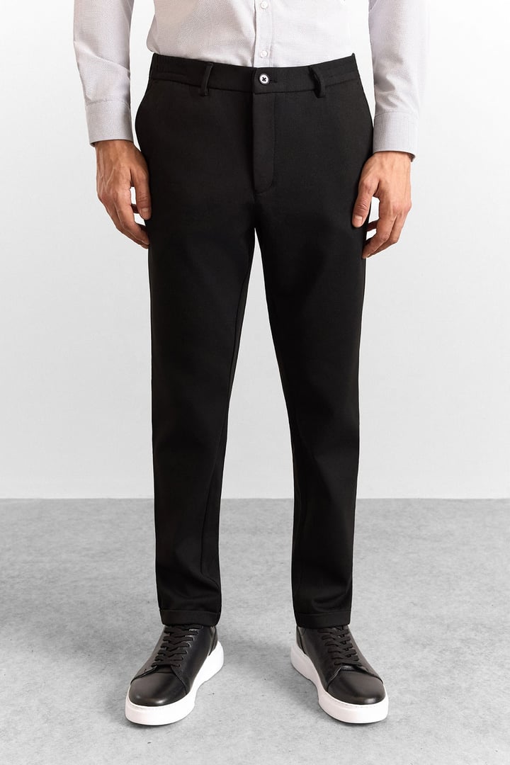 Siyah Slim Düz Twill Yarım Lastikli Jogger Pantolon