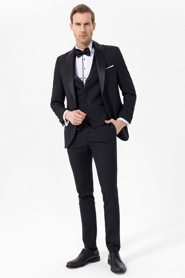 Siyah Slim Fit Armürlü 6 Drop Smokin & Damatlık