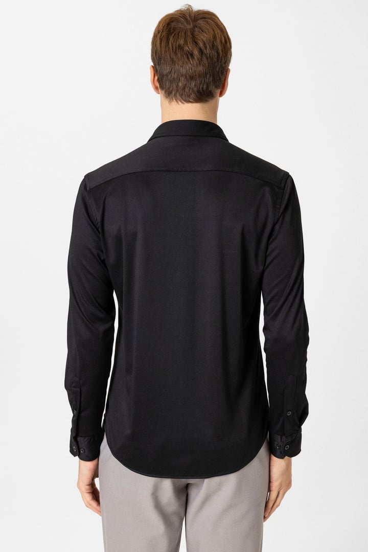 Siyah Slim Fit Armürlü Düğmeli Yaka Gömlek