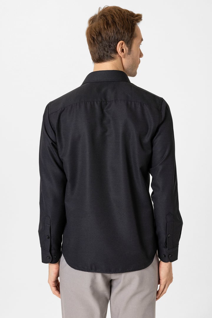 Siyah Slim Fit Armürlü Klasik Yaka Gömlek