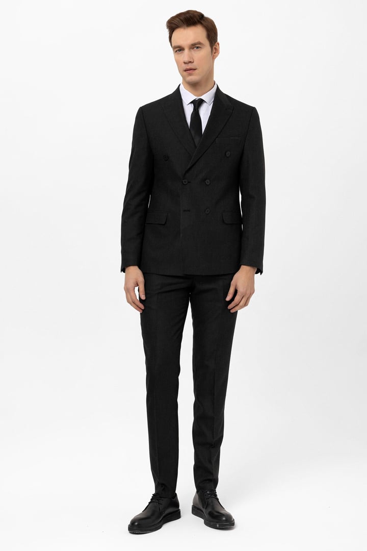 Siyah Slim Fit Armürlü Kruvaze Yaka 6 Drop Klasik Takım Elbise