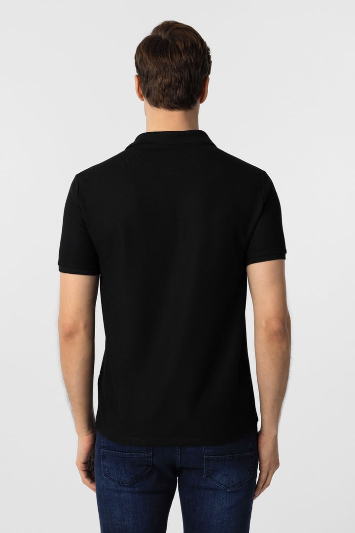 Siyah Slim Fit Armürlü Polo Yaka Tişört