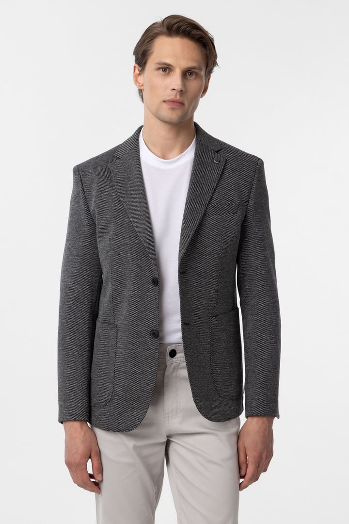 Siyah Slim Fit Desenli Mono Yaka 6 Drop Ceket