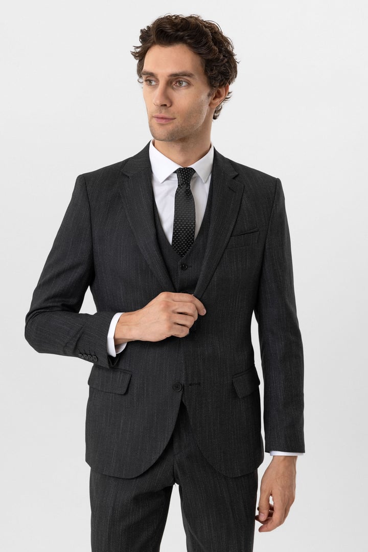 Siyah Slim Fit Desenli Mono Yaka 6 Drop Yelekli Klasik Takım Elbise