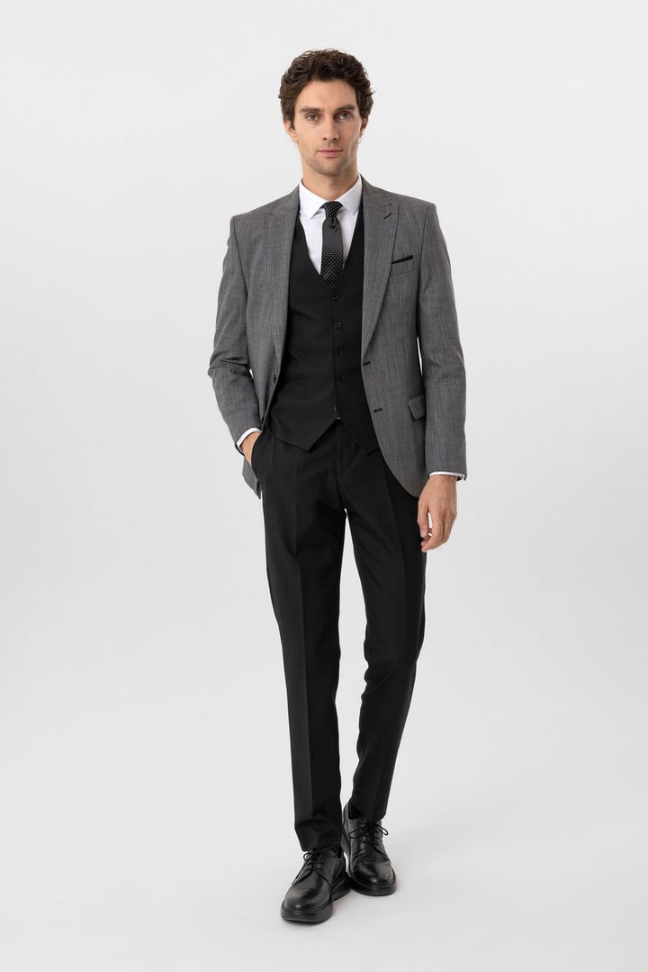 Siyah Slim Fit Desenli Sivri Yaka 6 Drop Yelekli Klasik Takım Elbise