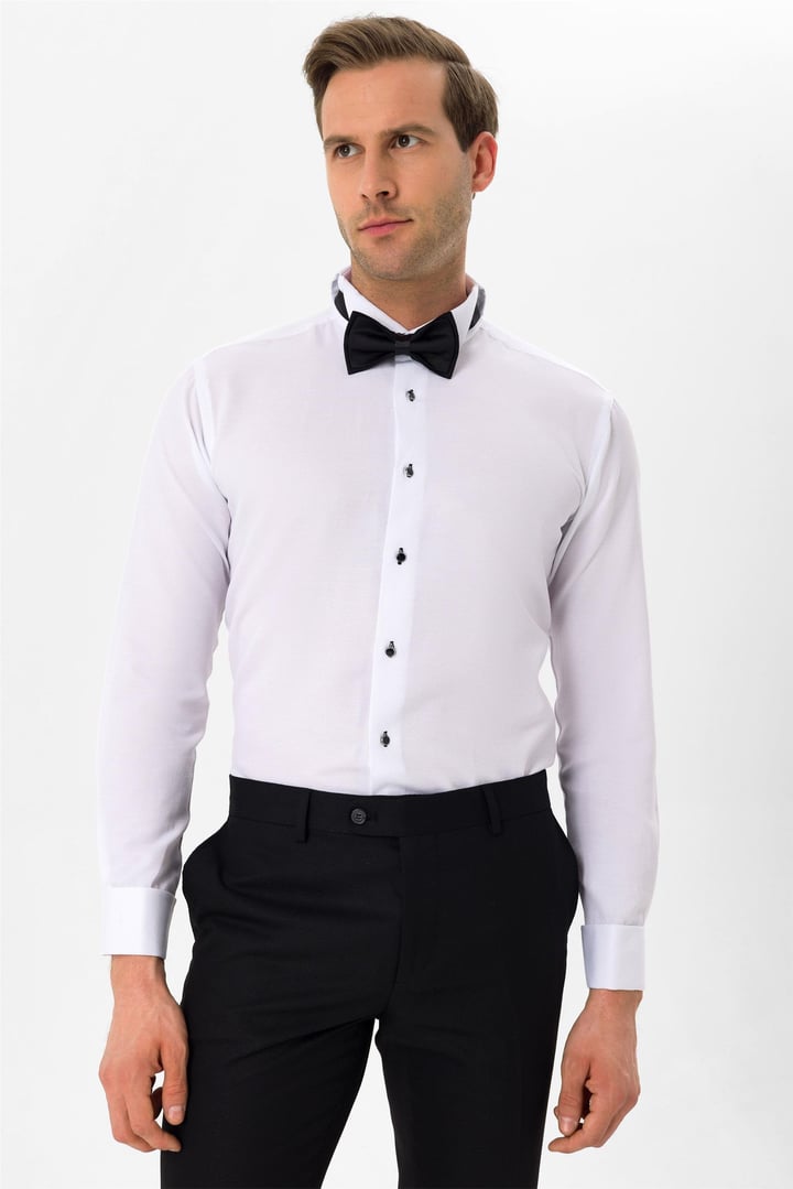 Siyah Slim Fit Düz Ata Yaka Gömlek