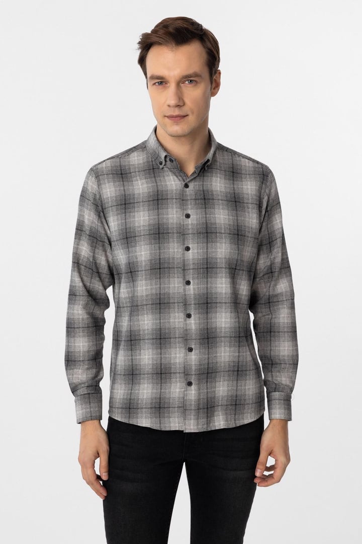 Siyah Slim Fit Düz Düğmeli Yaka Gömlek