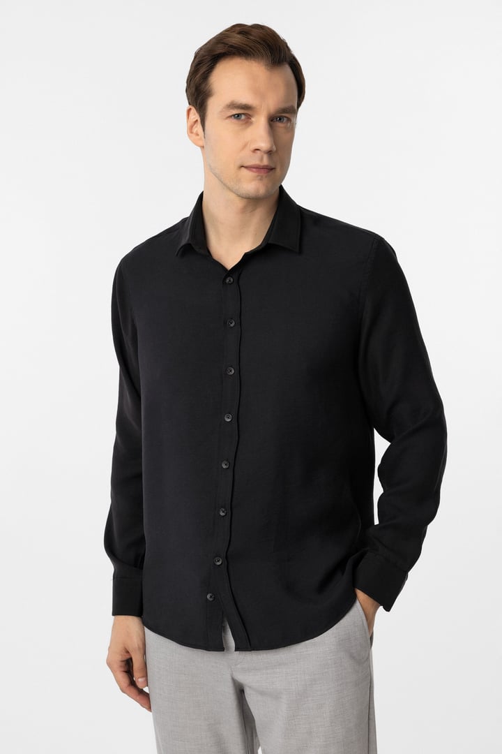 Siyah Slim Fit Düz Klasik Yaka Gömlek