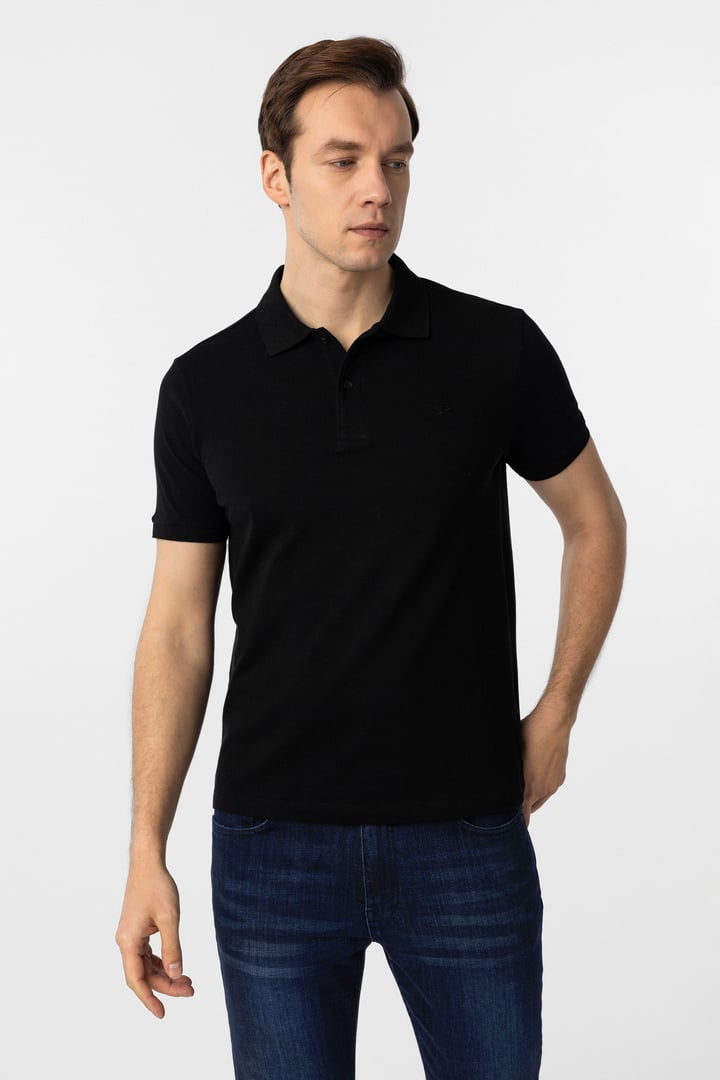 Siyah Slim Fit Düz Polo Yaka Tişört
