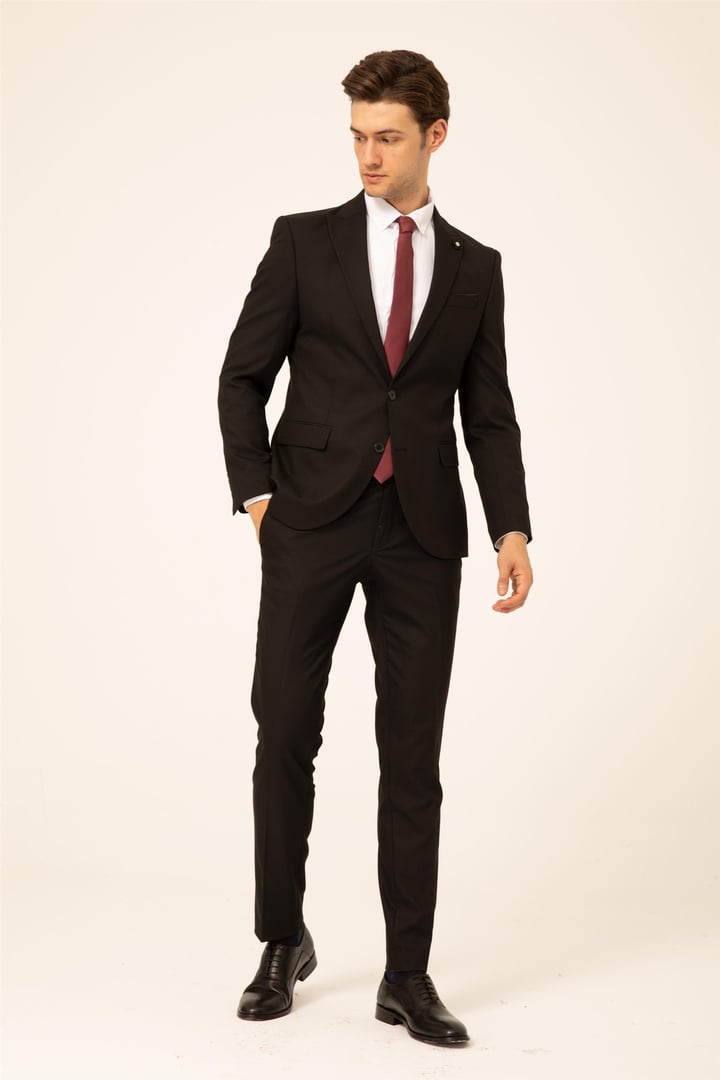 Siyah Slim Fit Düz Sivri Yaka 6 Drop Klasik Takım Elbise