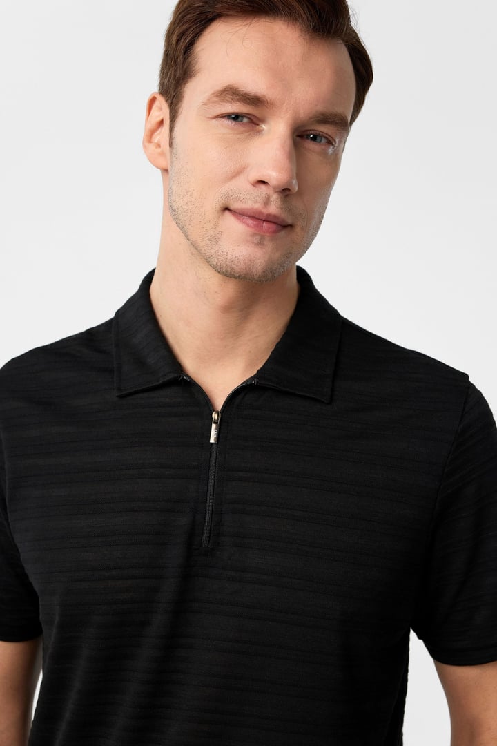 Siyah Slim Fitilli Polo Yaka Tişört
