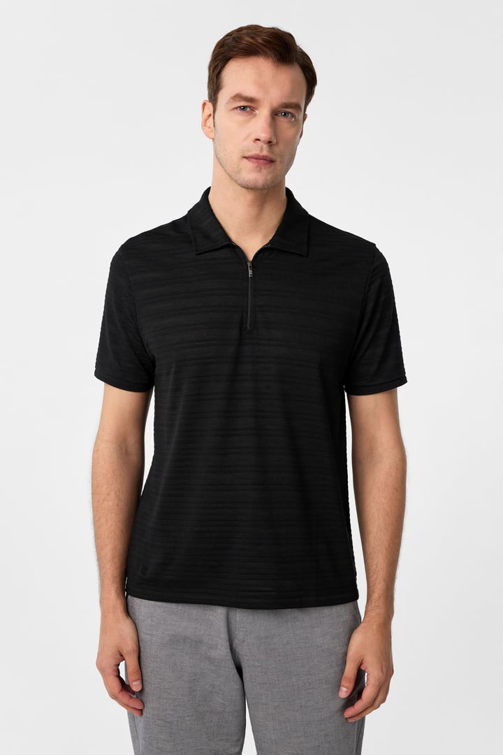 Siyah Slim Fitilli Polo Yaka Tişört