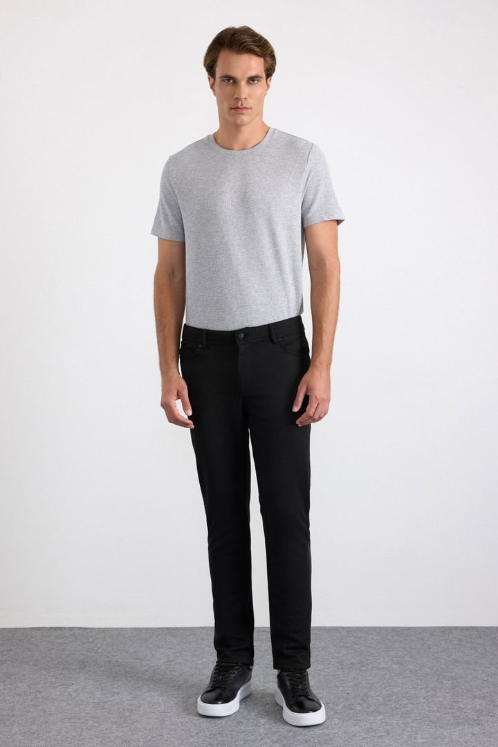 Siyah Slim Karışık Desen Armürlü Normal Bel Casual Pantolon