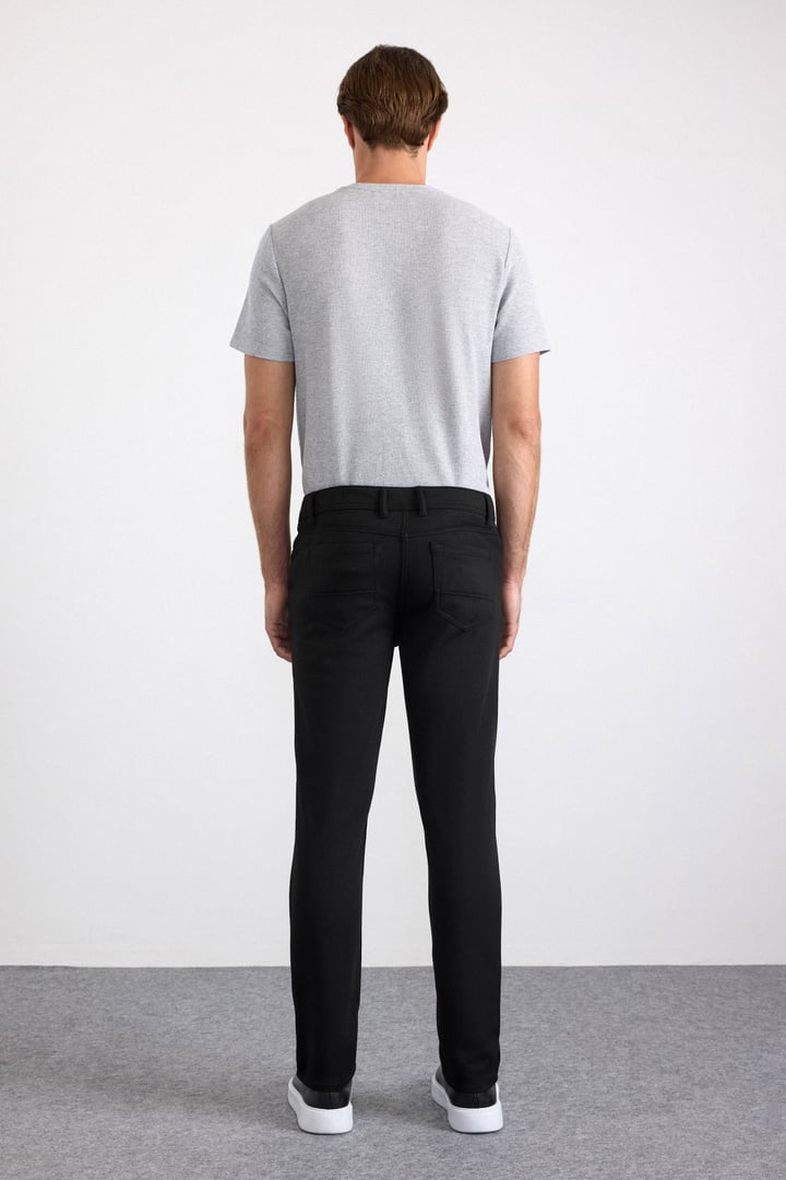 Siyah Slim Karışık Desen Armürlü Normal Bel Casual Pantolon