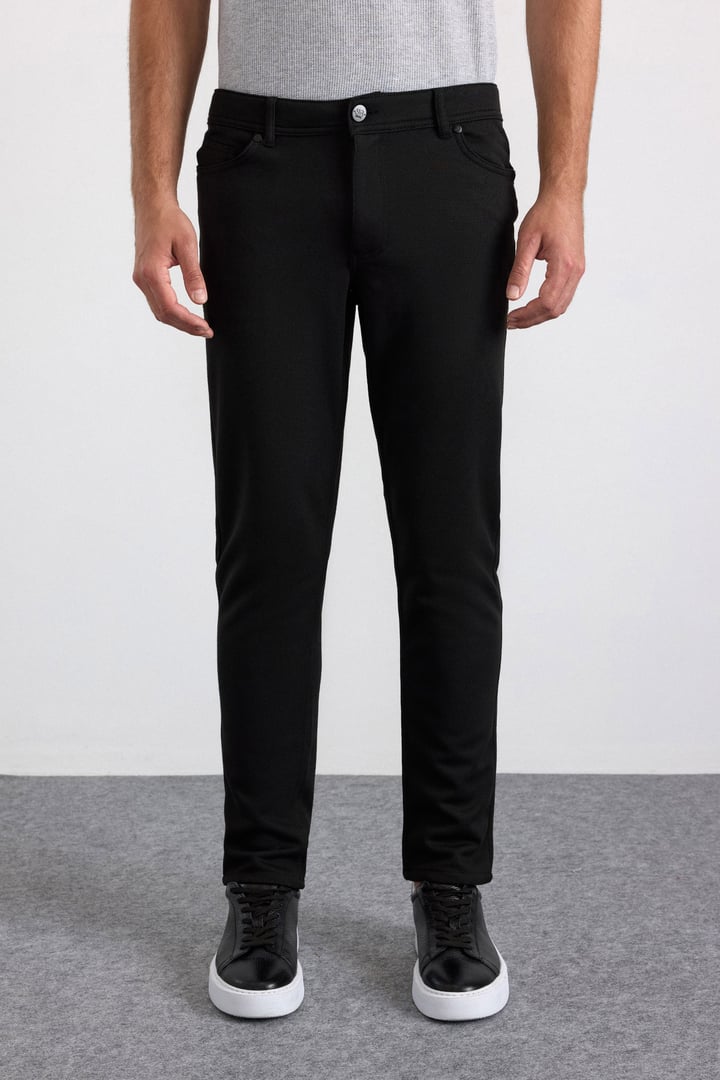 Siyah Slim Karışık Desen Armürlü Normal Bel Casual Pantolon