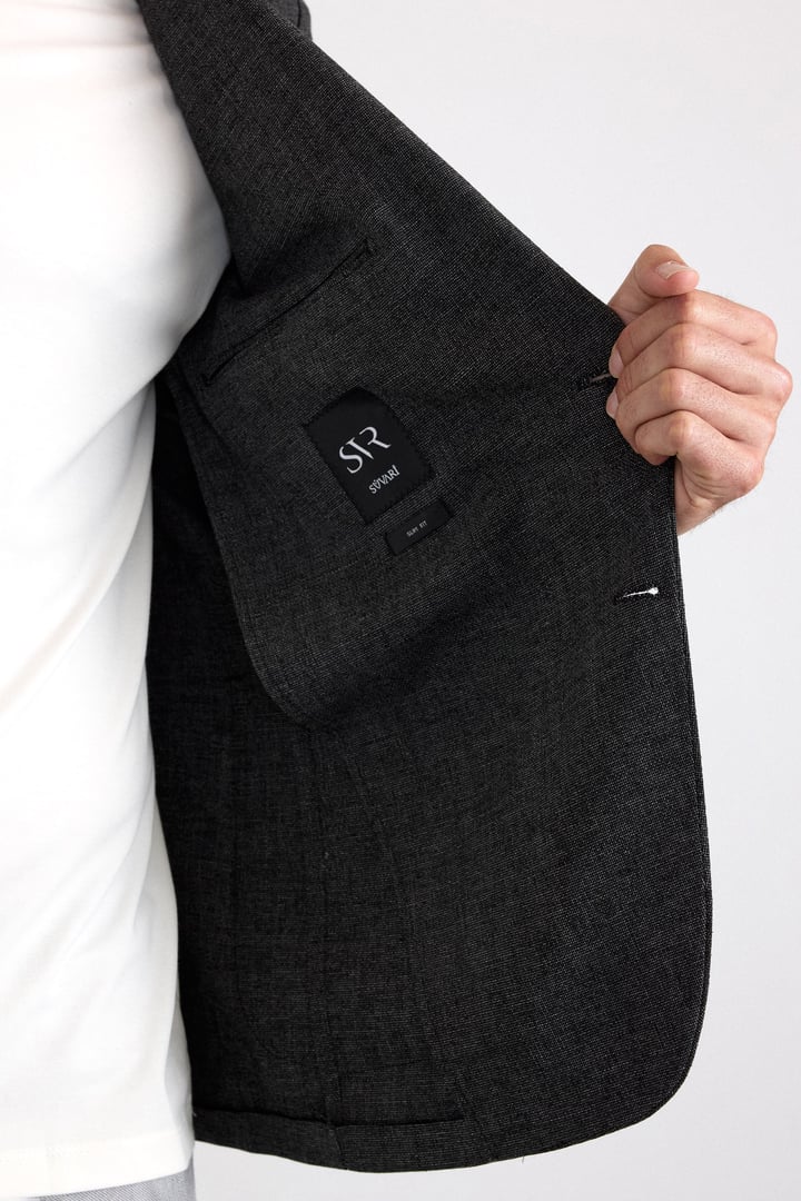 Siyah Slim Mono Yaka Düz Saten Torba Cep Standart 6 Drop Klasik Ceket