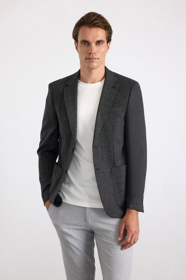 Siyah Slim Mono Yaka Düz Saten Torba Cep Standart 6 Drop Klasik Ceket