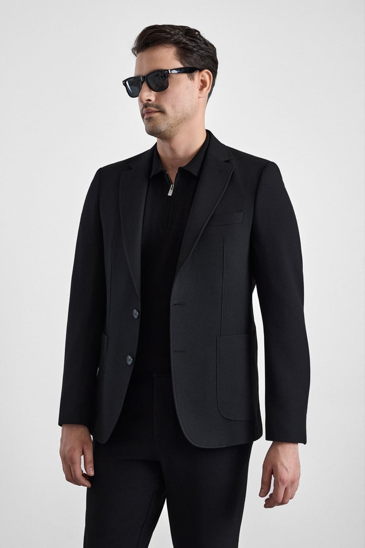 Siyah Slim Mono Yaka Düz Torba Cep 6 Drop Takım Elbise