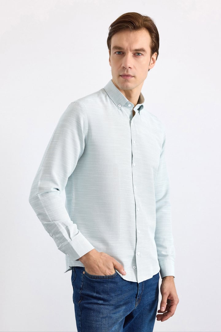 Su Yeşili Slim Klasik Yaka Düz Cepsiz Düğmeli Uzun Kollu Standart Casual Gömlek