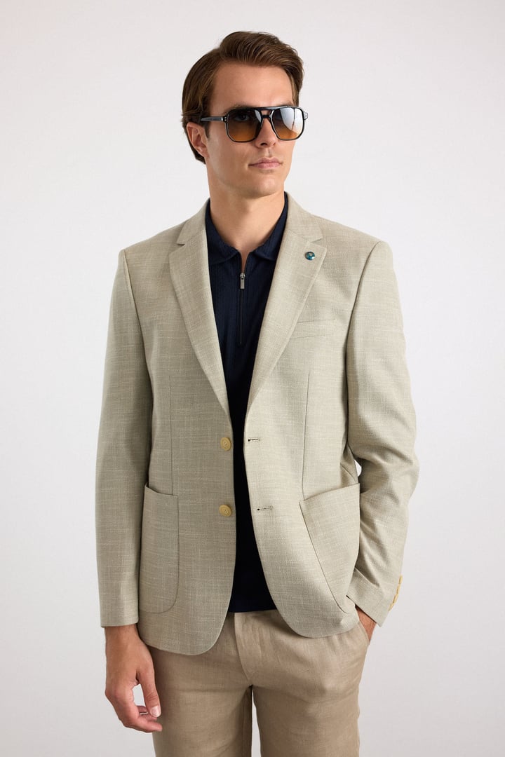Su Yeşili Slim Mono Yaka Düz Poplin Torba Cep Standart 6 Drop Klasik Ceket